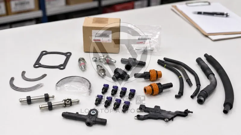 Toyota and Lexus OE-style parts arranged on a sourcing desk for importer buying guide