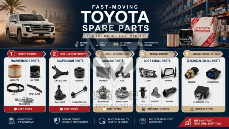 Fast moving Toyota spare parts categories in the Middle East for stocking maintenance suspension cooling body and electrical parts