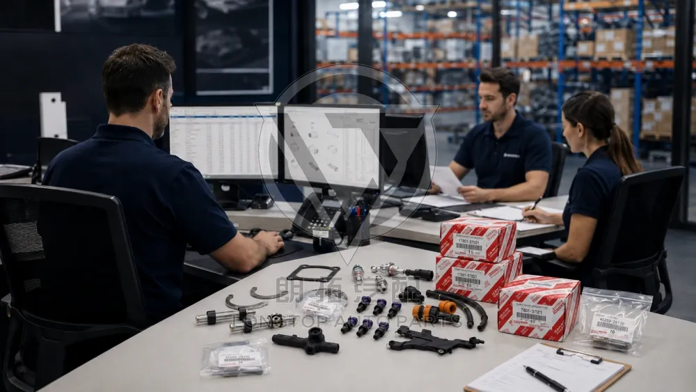 LongTopAuto Toyota Parts Sourcing Guide: Market, Profit, and Supplier Strategy Longtop team reviewing Toyota Lexus parts list and warehouse stock before shipment