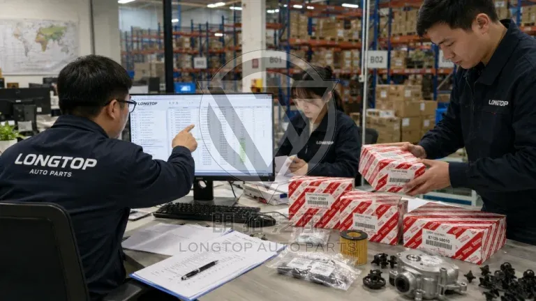 Longtop team reviewing Toyota genuine parts list and checking stock before China shipment