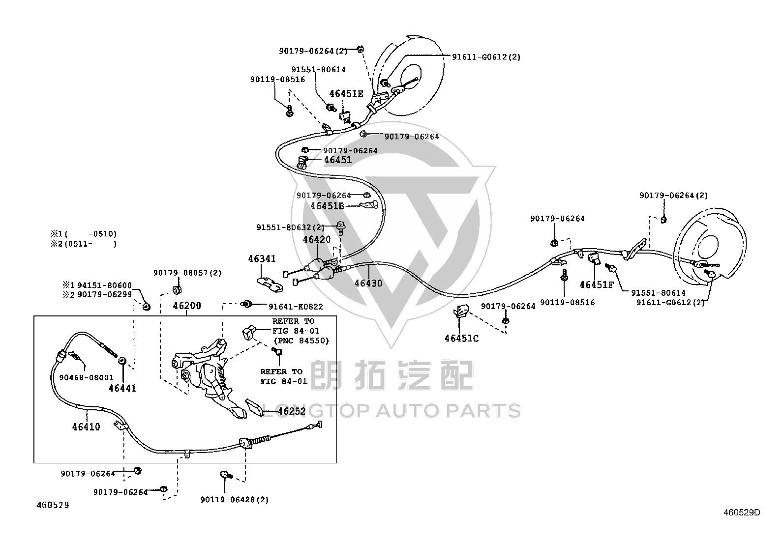 Parking brake cable (rear left) 46430-48171 for Toyota Harrier