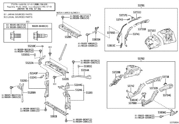 Right front fender to extension stay 53835-02120 for Toyota ALLION