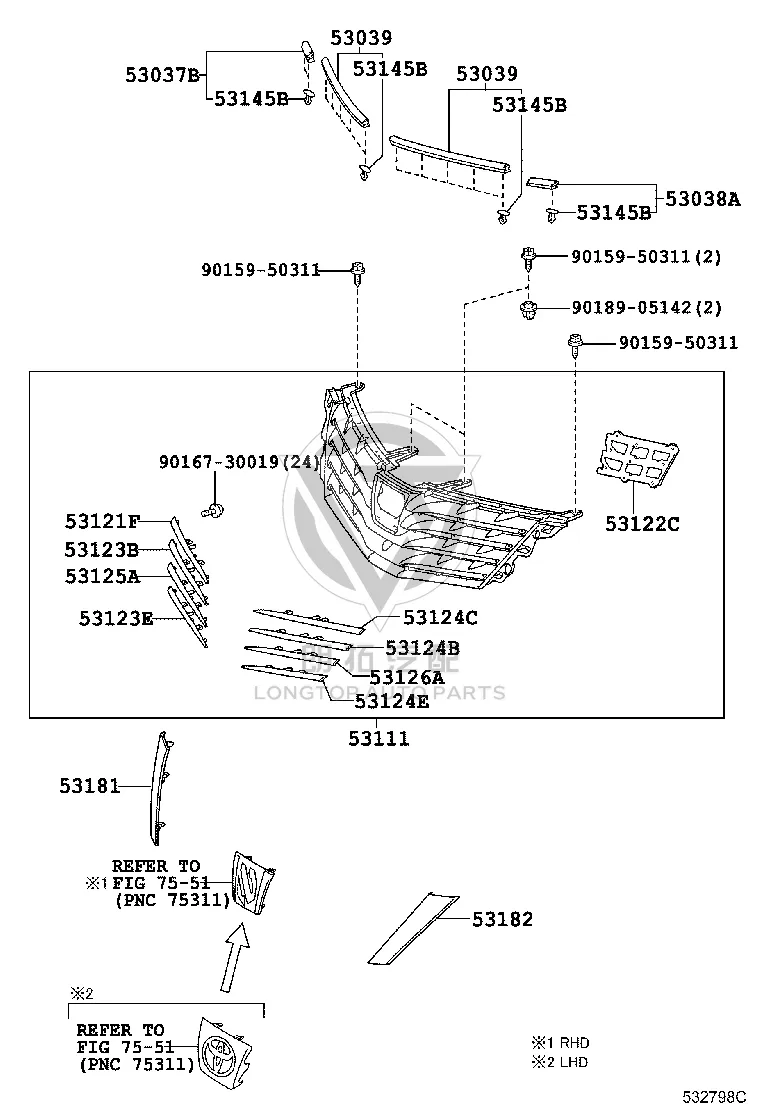 Grille Assembly Middle Net Frame 53101-58160 for Toyota Alphard