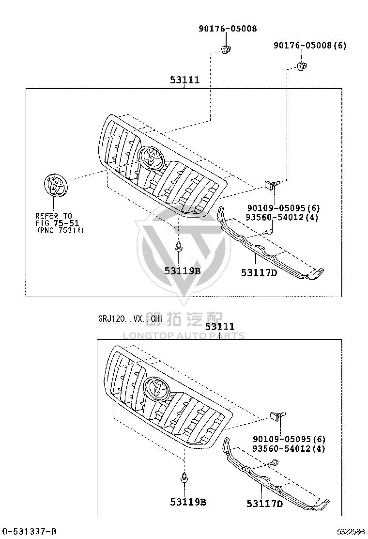 Radiator Grille 53101-60420 for Toyota Land Cruiser Prado