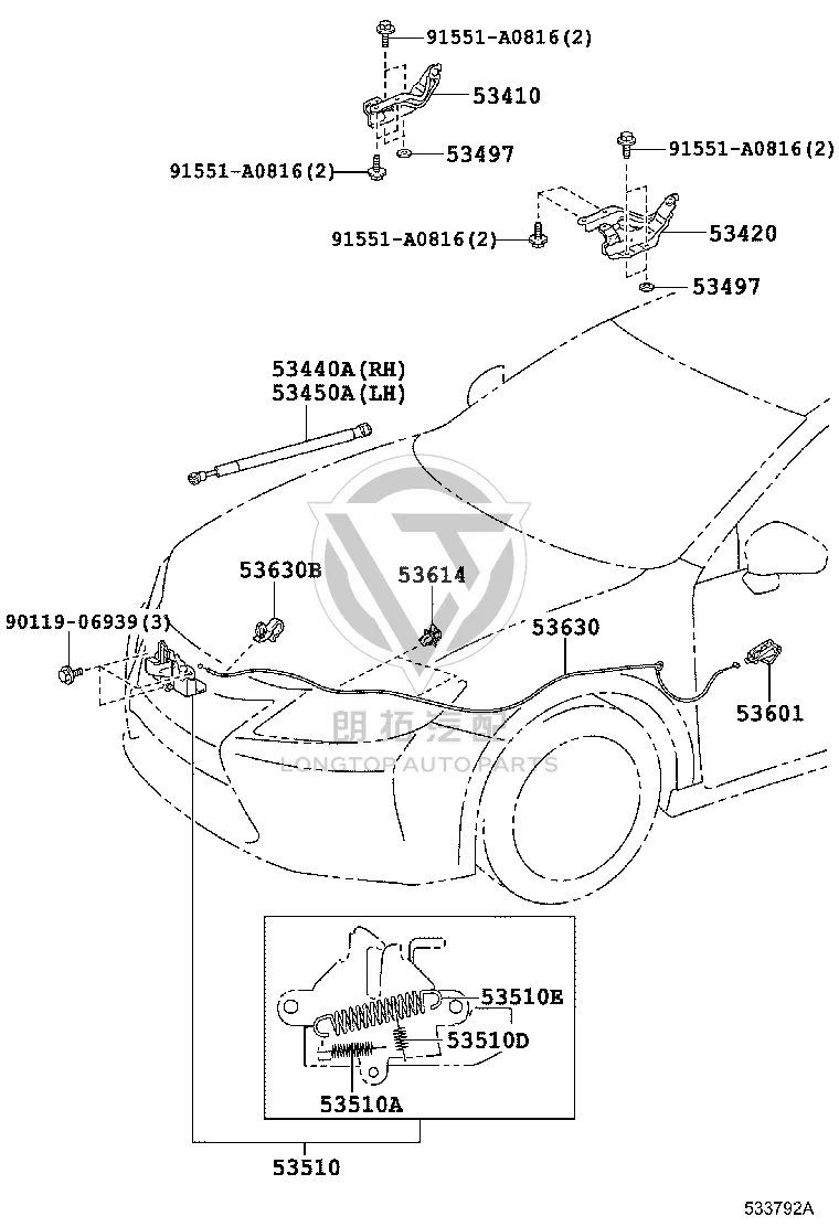 Front Hood Release Cable 53630-33180 for Lexus ES