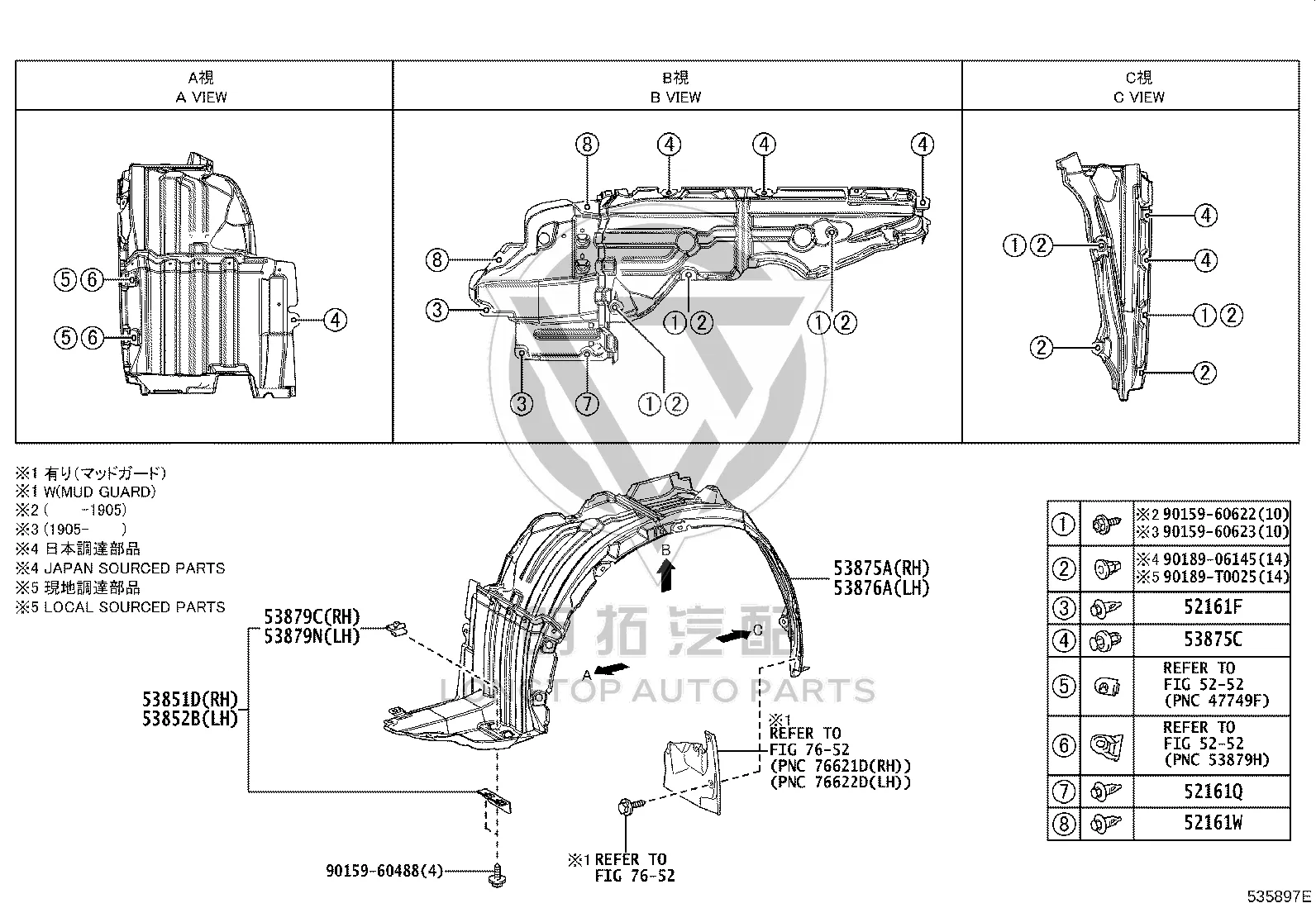 Inner Fender (Right) 53805-26010 for Toyota Granvia