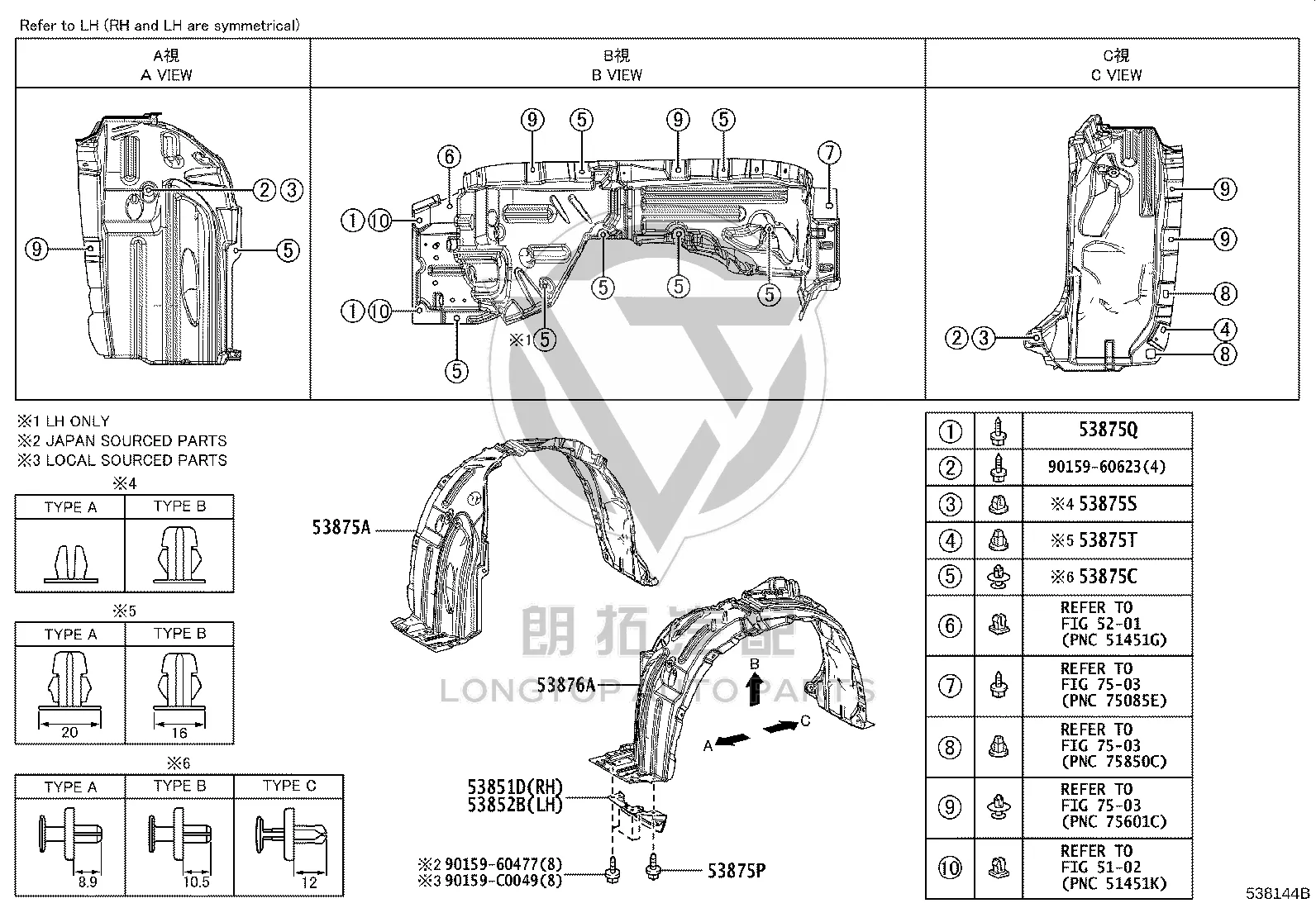 Front Fender Liner Right 53875-0A150 for Toyota FRONT LANDER