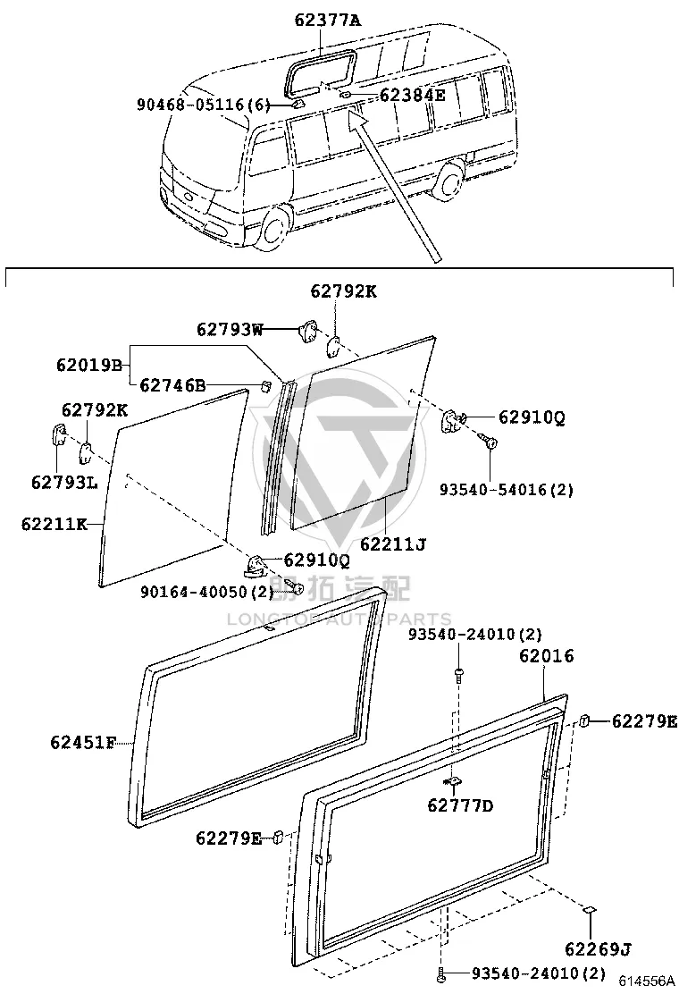 Right Rear Quarter Window Run 62451-36031 for Toyota Coaster