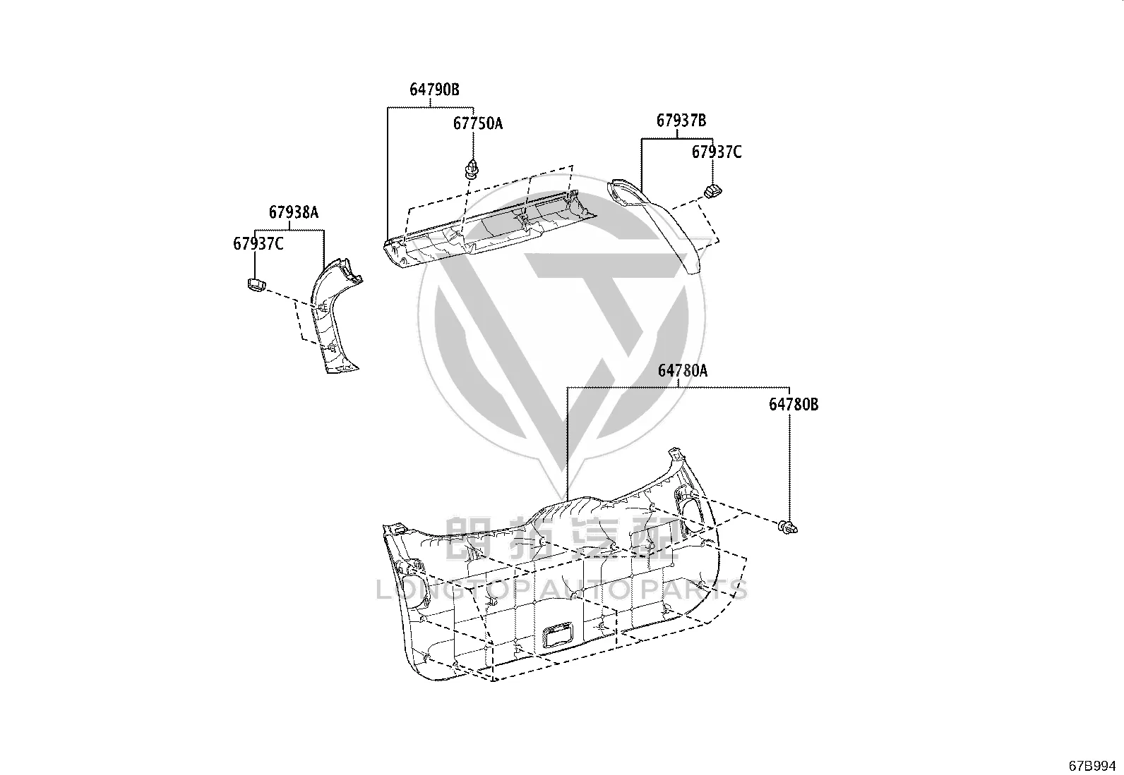 Tail cover interior trim panel (lower) 64780-0A150 for Toyota Corolla