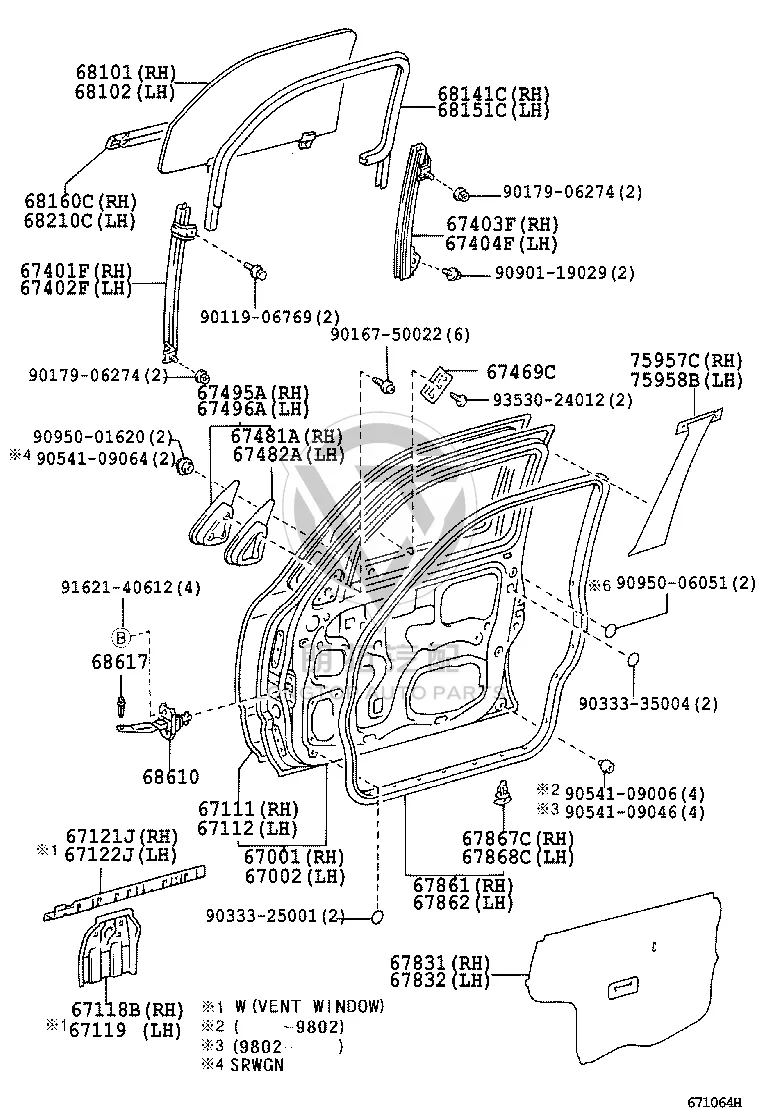 Front door glass rail (right rear) 67403-35070 for Toyota Hilux