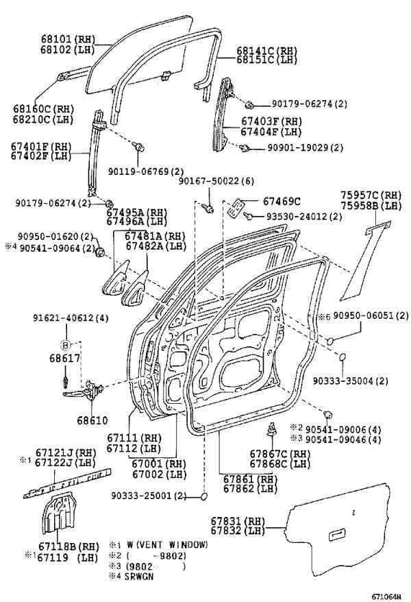 Front door glass rail (right rear) 67403-35070 for Toyota Hilux