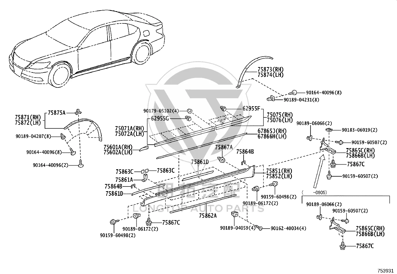 Rear Wheel Arch Molding Left 75874-50051 for Lexus LS460