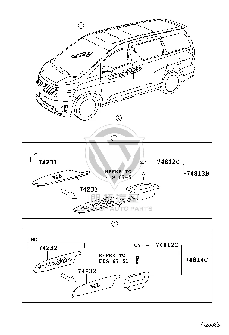 Front Door Window Switch Trim 74232-58140 for Toyota Alphard