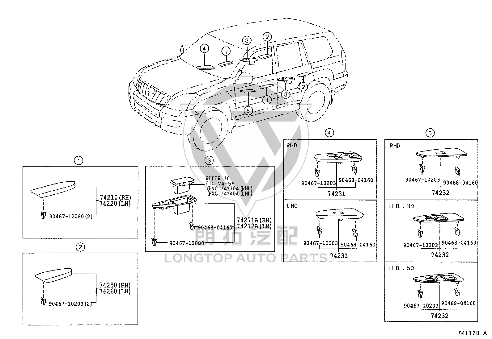 Front door glass lift switch trim (right) 74231-60490 for Toyota Land Cruiser Prado