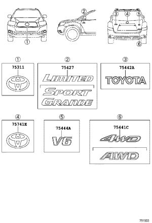Trunk Lid Badge V6 75444-48090 for Toyota Highlander