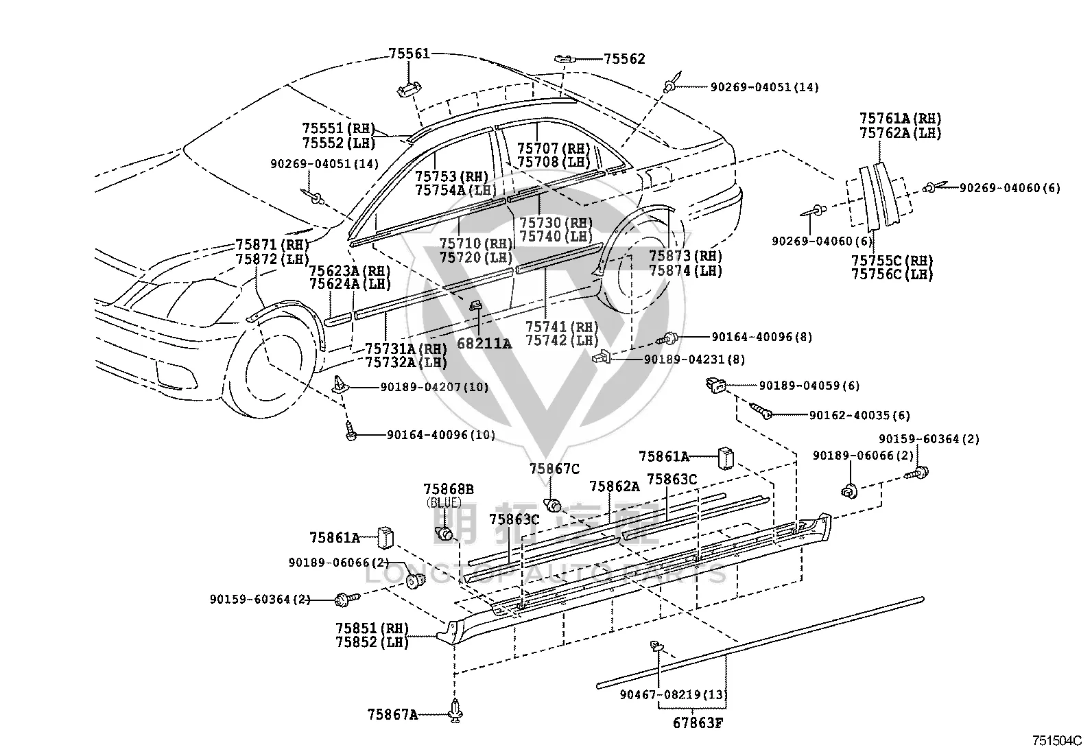 Snap fastener 75868-0N010 for Toyota Crown