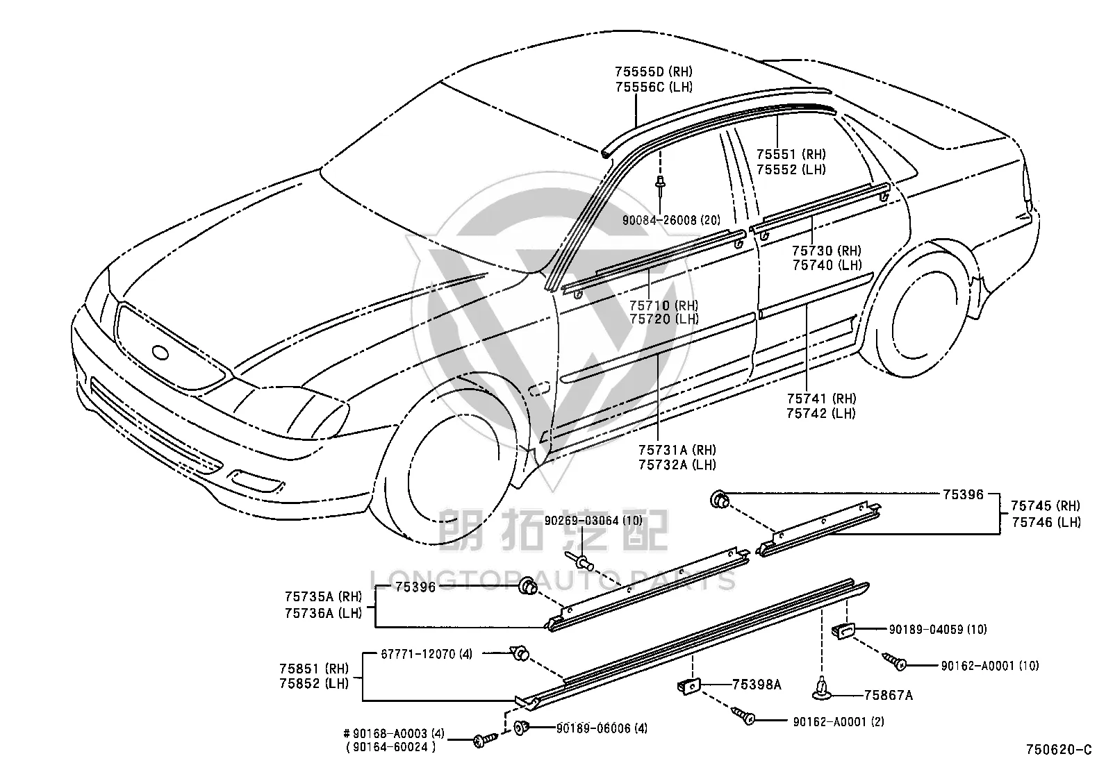 Front door exterior trim panel (left) 75732-AC020G1 for Toyota Avalon