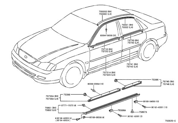 Front door exterior trim panel (left) 75732-AC020G1 for Toyota Avalon