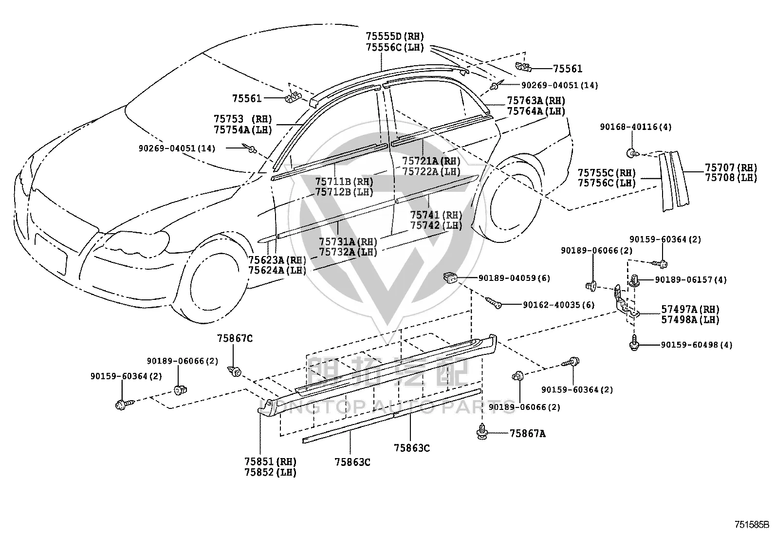 Front door glass exterior trim strip (upper left) 75754-0P010 for Toyota REIZ
