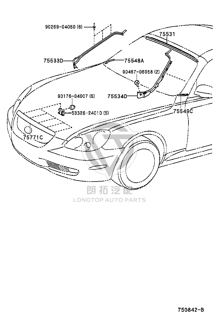 Front Hood Protective Strip 75770-24010 for Lexus SC430