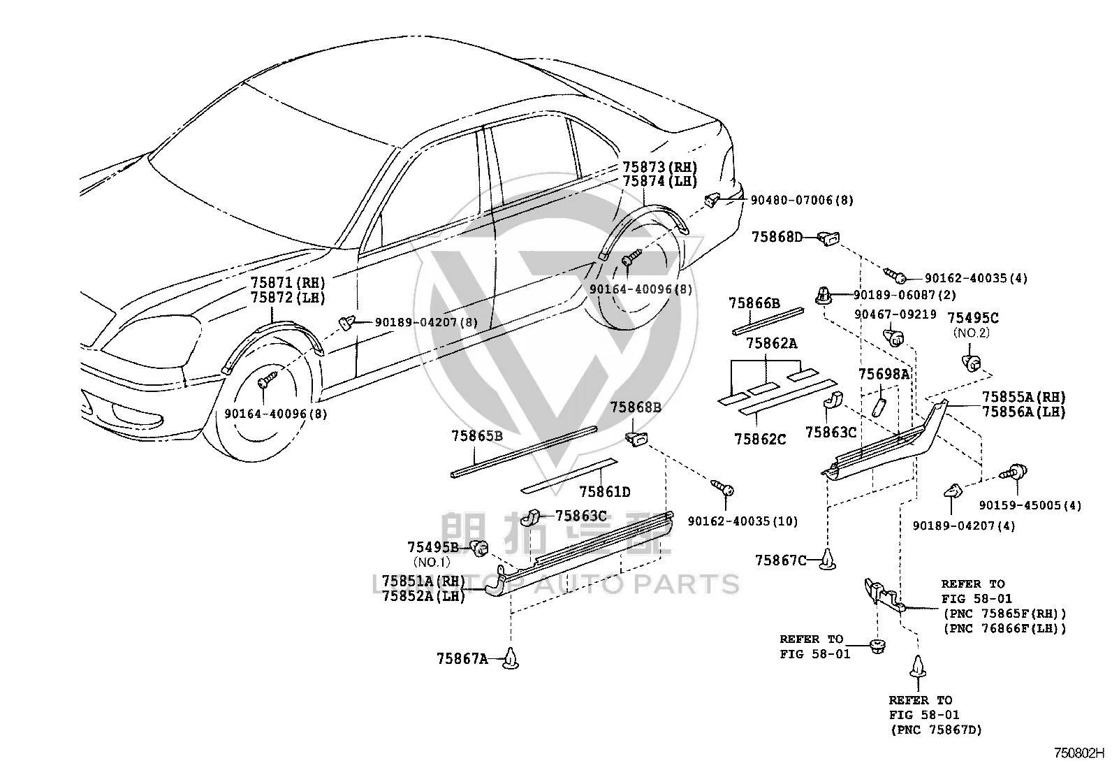 Front Wheel Arch Right 75871-50050 for Toyota Celsior