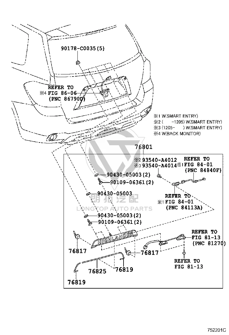 Rear Cover Trim Strip 76801-0E190 for Toyota Highlander