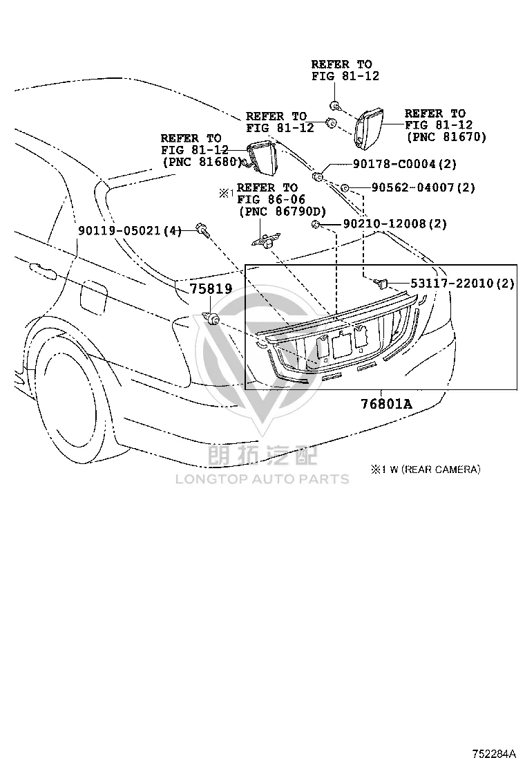 Tail lid moulding 76801-0N902 for Toyota Crown
