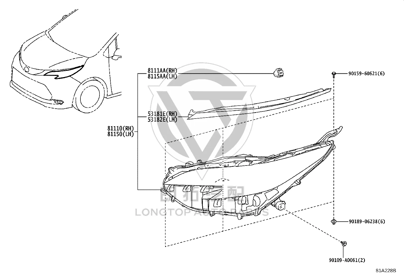 Headlight assembly (left) 81150-08100 for Toyota Sienna