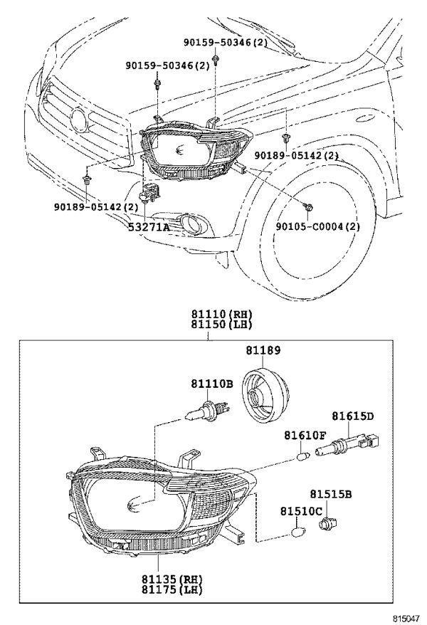 Right Headlight Assembly 81110-0E070 for Toyota Highlander