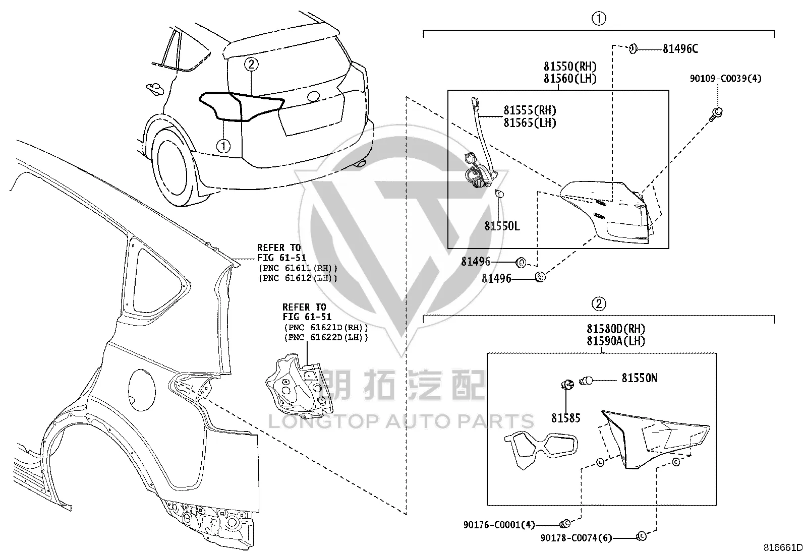 Outer Tail Lamp Assembly (Right) 81550-0R050 for Toyota RAV4