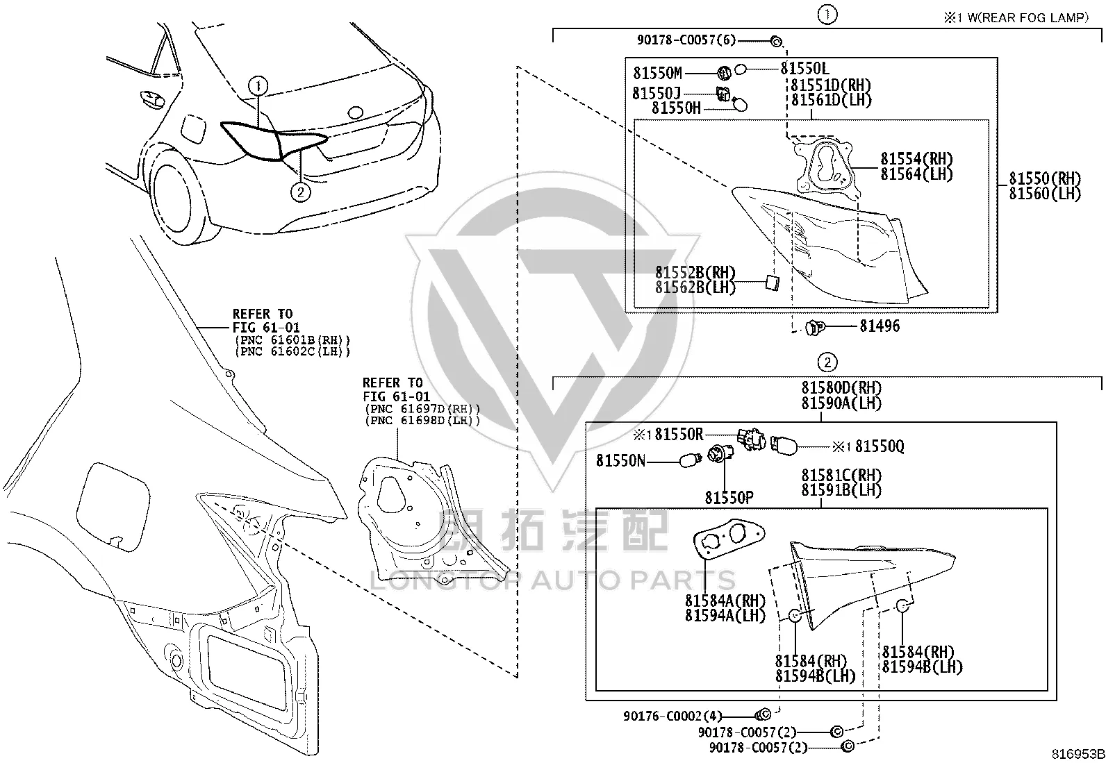 Interior Tail Light Assembly 81590-02630 for Toyota Levin