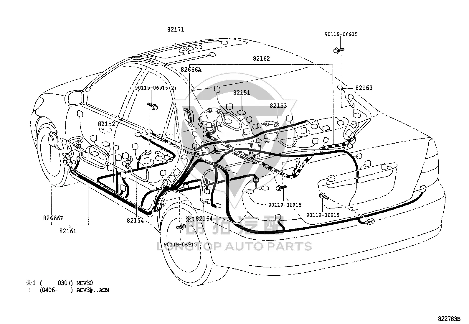 Rear door harness (left) 82154-33100 for Toyota Camry