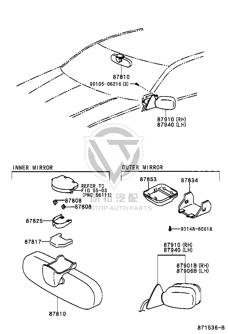 Interior rearview mirror base 87853-24020 for Toyota Aristo
