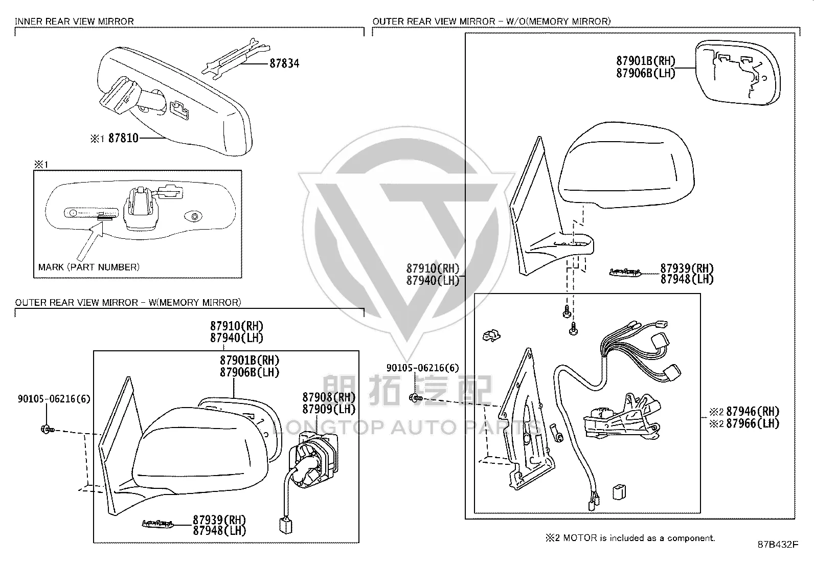 Side Mirror Assembly 87940-48280-B0 for Lexus RX300